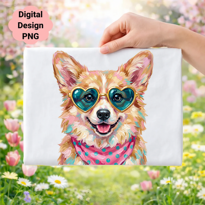 Corgi wearing heart-shaped sunglasses and a polka dot bandana.