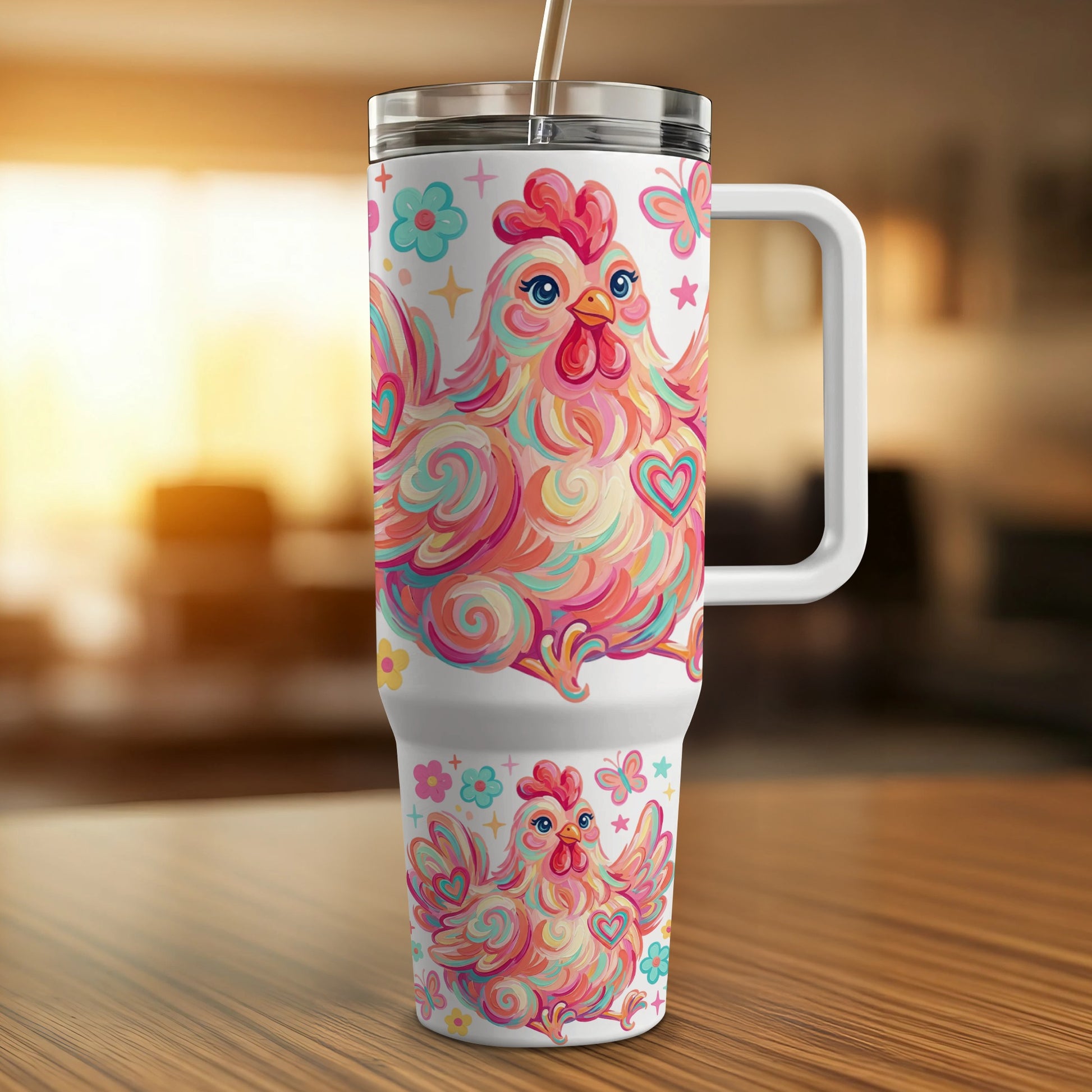 Pink and yellow abstract chicken design on white travel mug with handle.