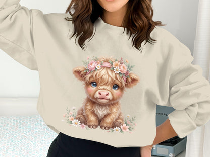 Fluffy calf with floral crown and pink flowers on a cream sweatshirt.