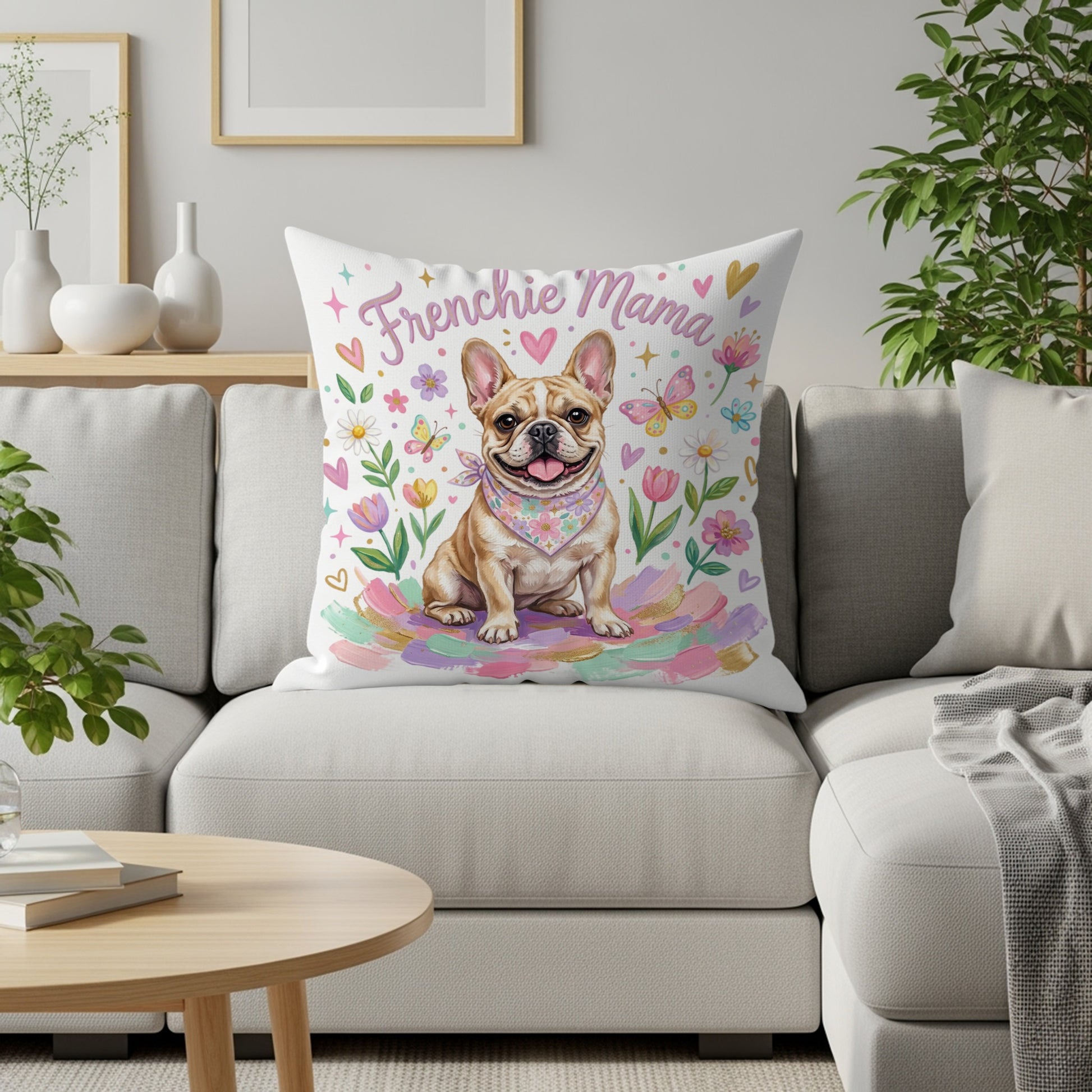 French Bulldog wearing bandana on couch with "Frenchie Mama" text and floral accents.