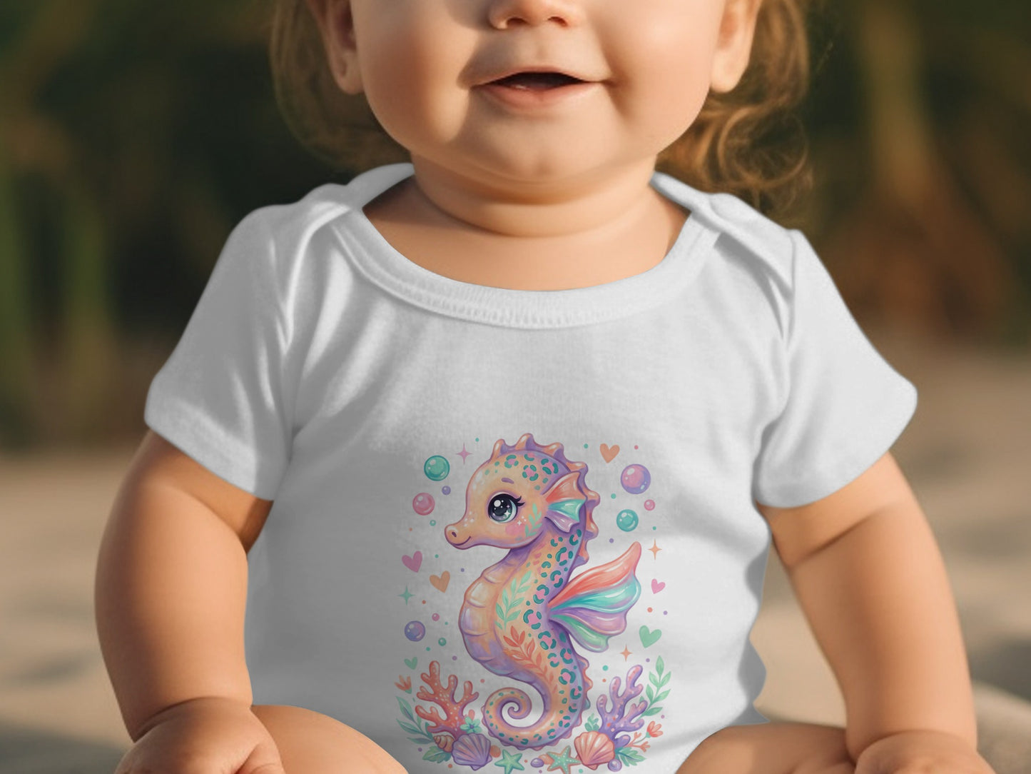 Baby in white bodysuit with a colorful seahorse illustration and seashells.