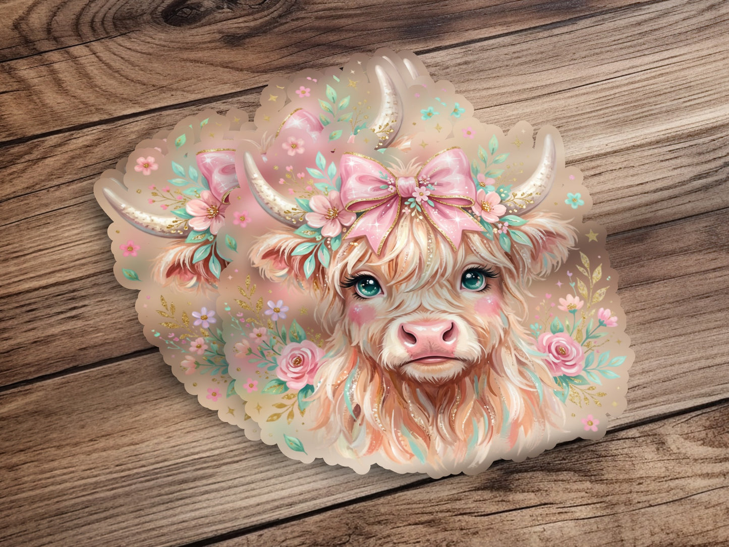 Highland cow with floral garland and pink bow on horns.
