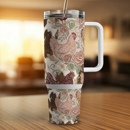 Tumbler with chicken and cow print design, and a handle.