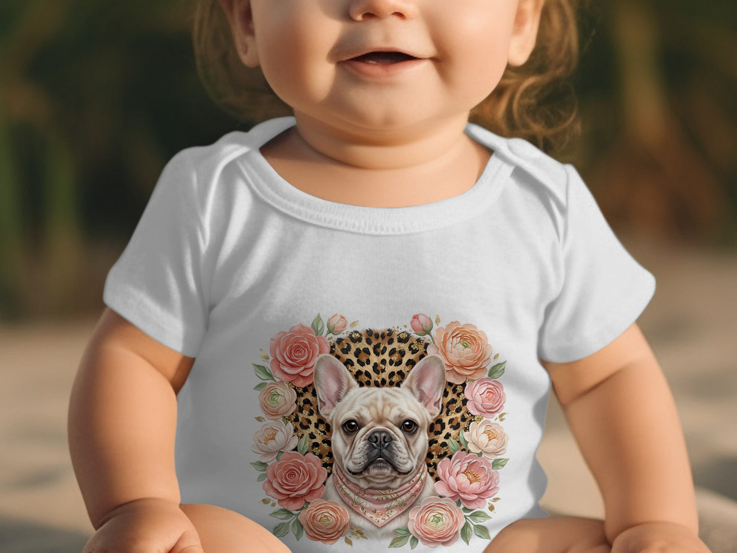 French bulldog graphic with flowers and leopard print on white baby onesie.
