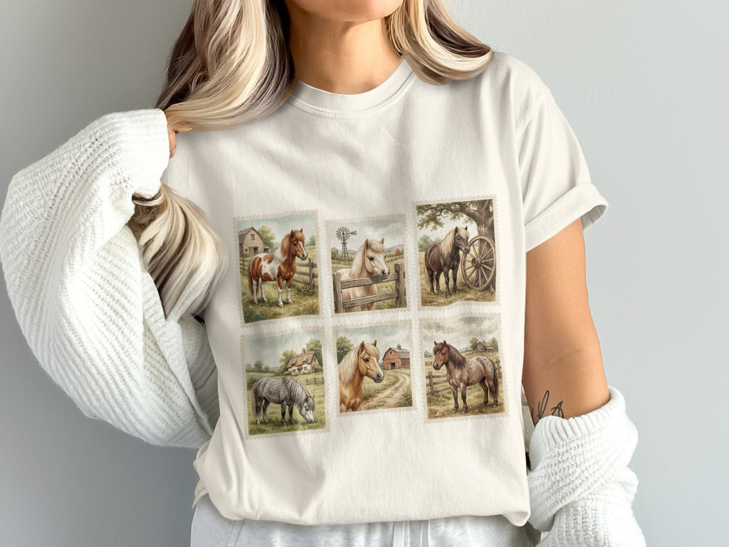 Six vintage postage stamp style illustrations of horses on a cream t-shirt.