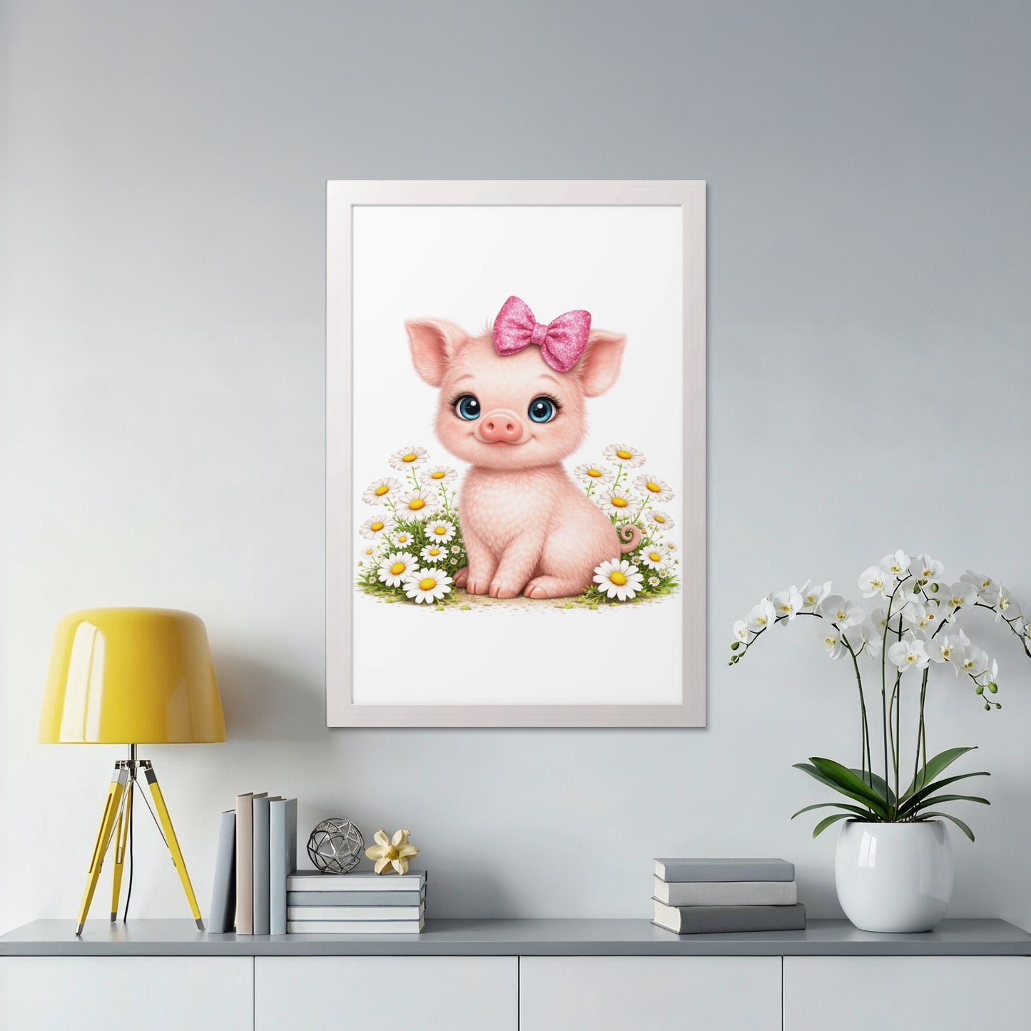 Cute cartoon piglet with pink bow sitting among daisies.
