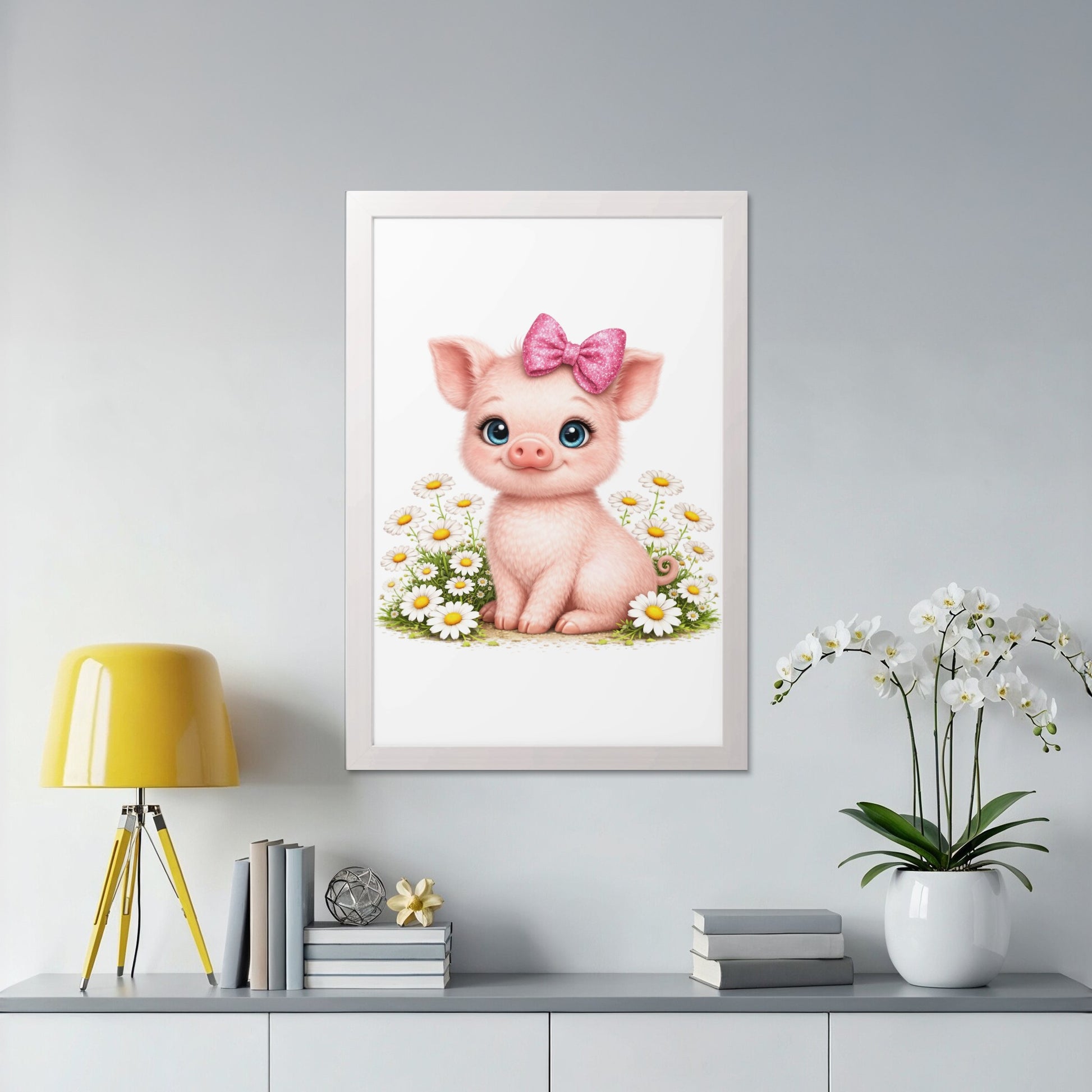Cute cartoon piglet with pink bow sitting among daisies.