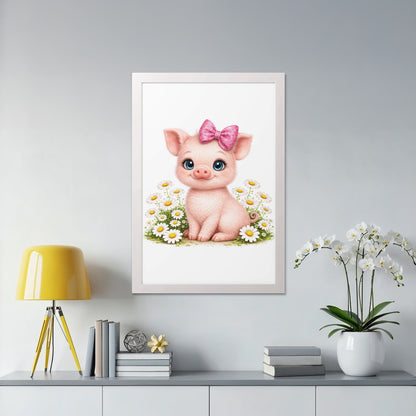 Cute cartoon piglet with pink bow sitting among daisies.