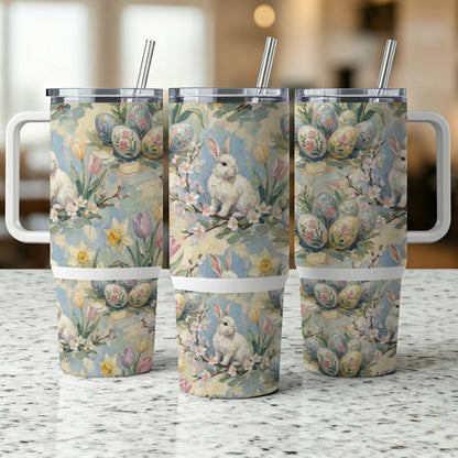 Easter bunny and eggs pattern on three insulated tumblers with straws.