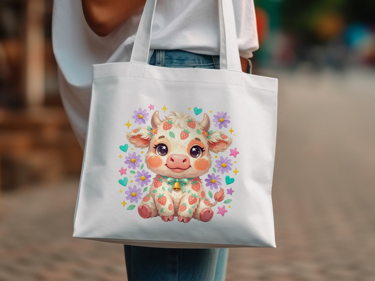 Cute strawberry cow with flowers and stars design on a white tote bag.