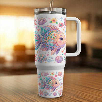 White tumbler with colorful fish, seashells, and floral designs.
