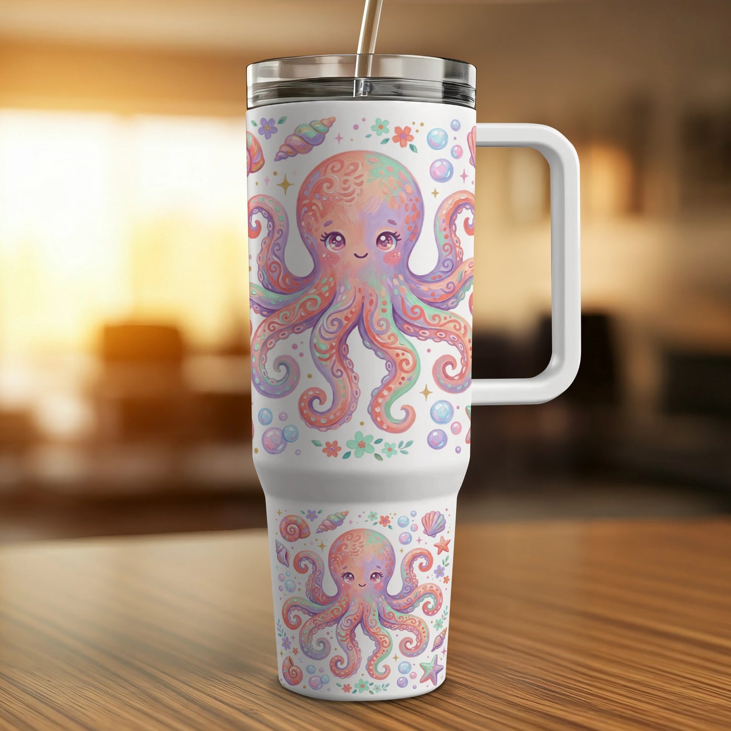 Pink and orange octopus design on a white insulated tumbler with handle.