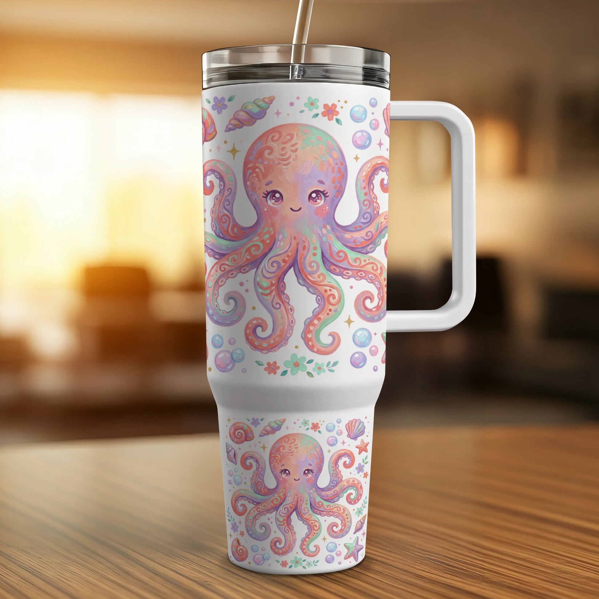 Pink and orange octopus design on a white insulated tumbler with handle.