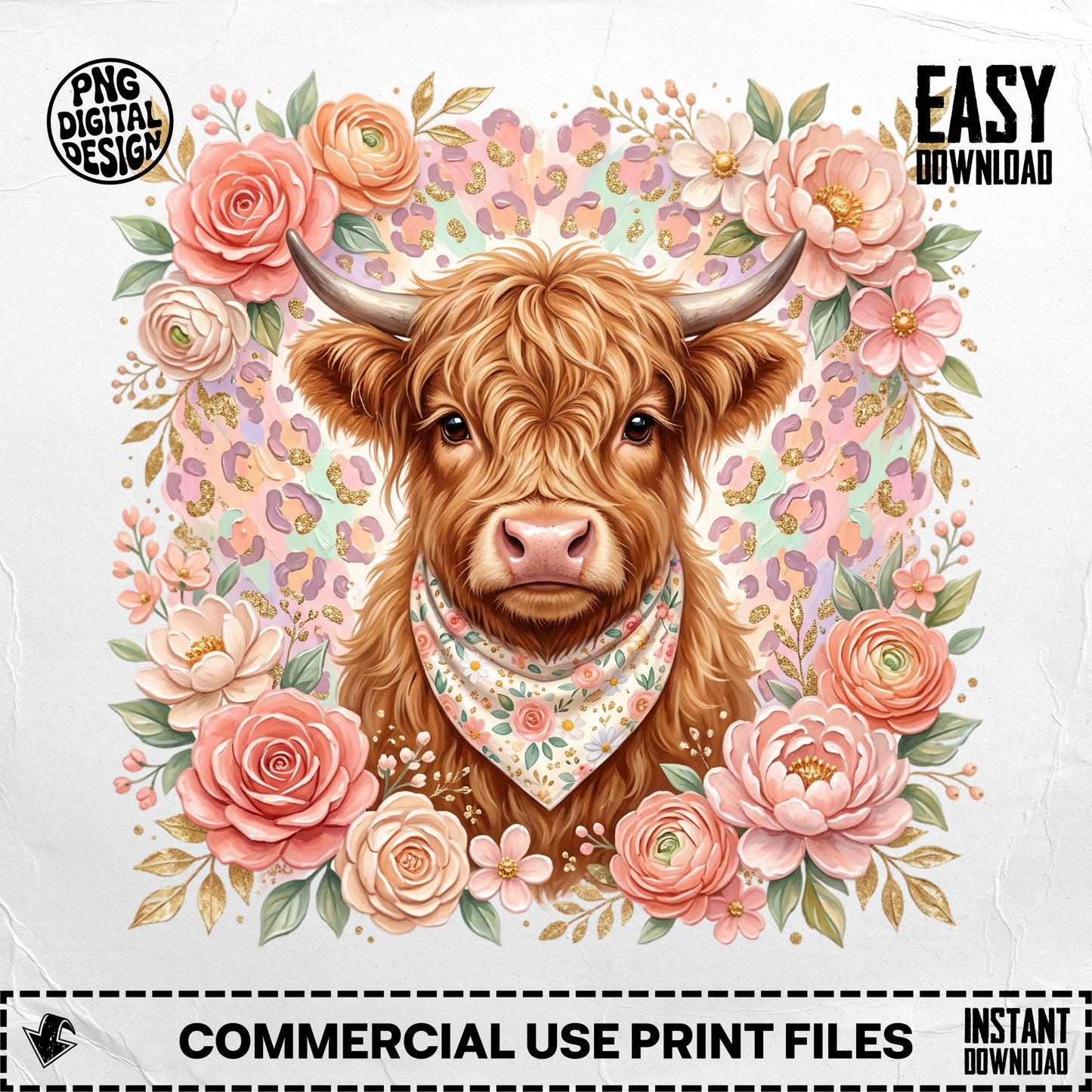 Highland cow surrounded by roses and leopard print, with "EASY DOWNLOAD" text.