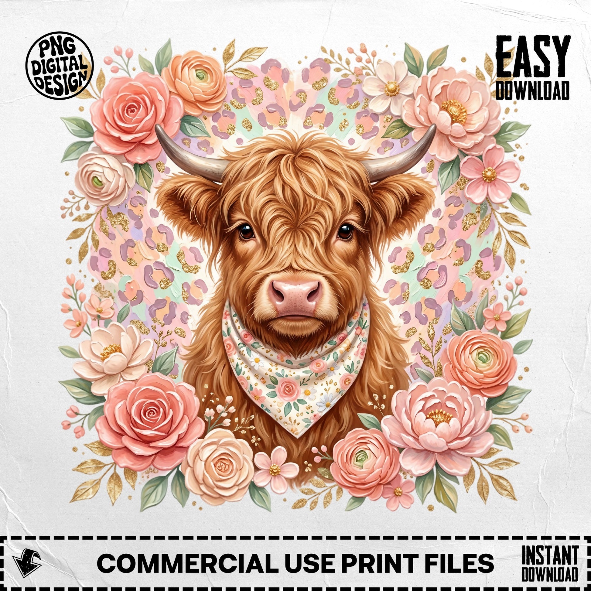 Highland cow surrounded by roses and leopard print, with "EASY DOWNLOAD" text.