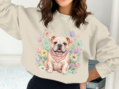 Bulldog wearing a bandana surrounded by flowers and butterflies.