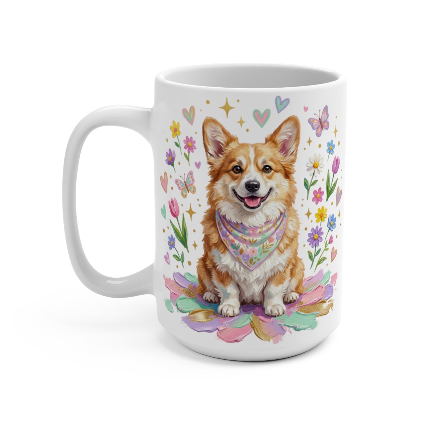 Corgi wearing bandana, sitting on colorful petals, surrounded by flowers and butterflies.