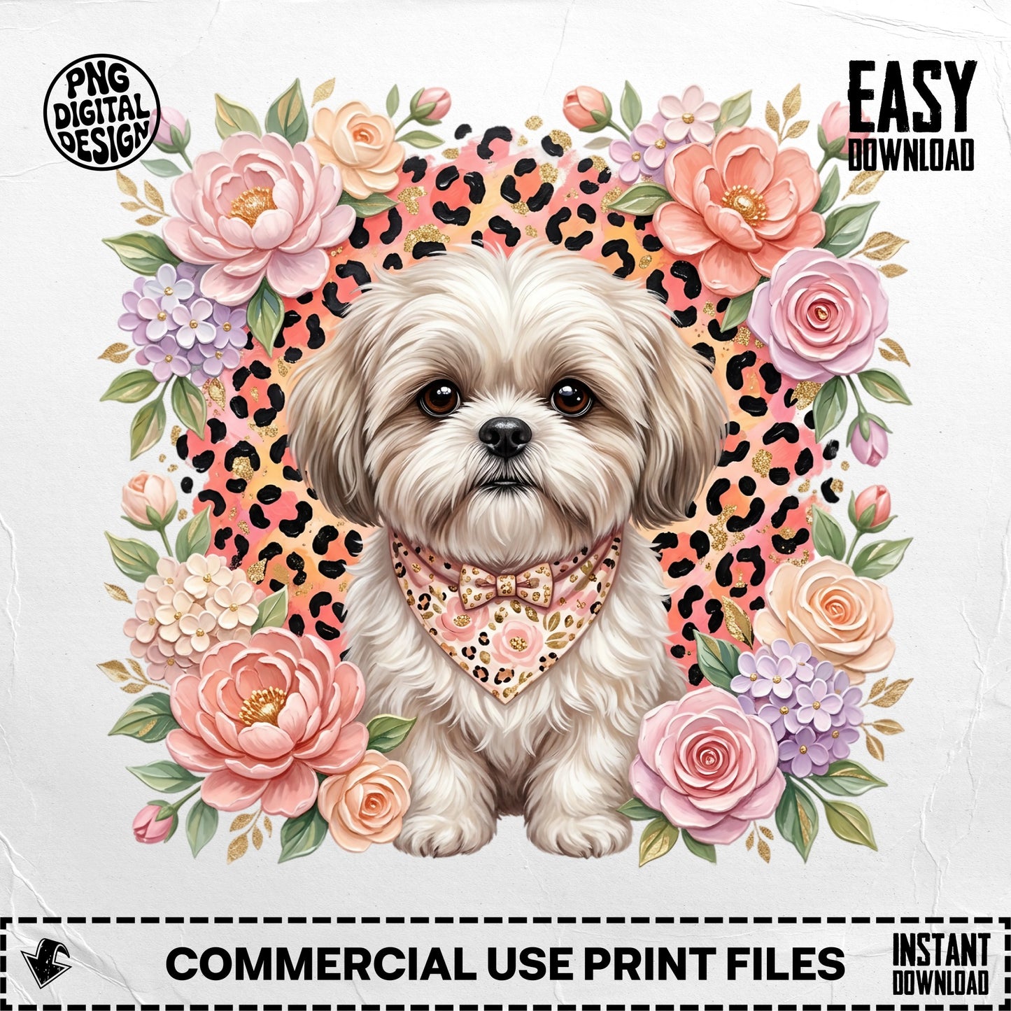 Shih Tzu dog surrounded by flowers with leopard print background.