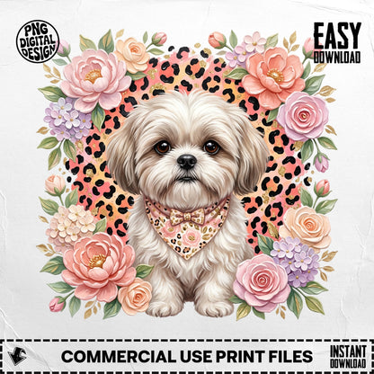 Shih Tzu dog surrounded by flowers with leopard print background.