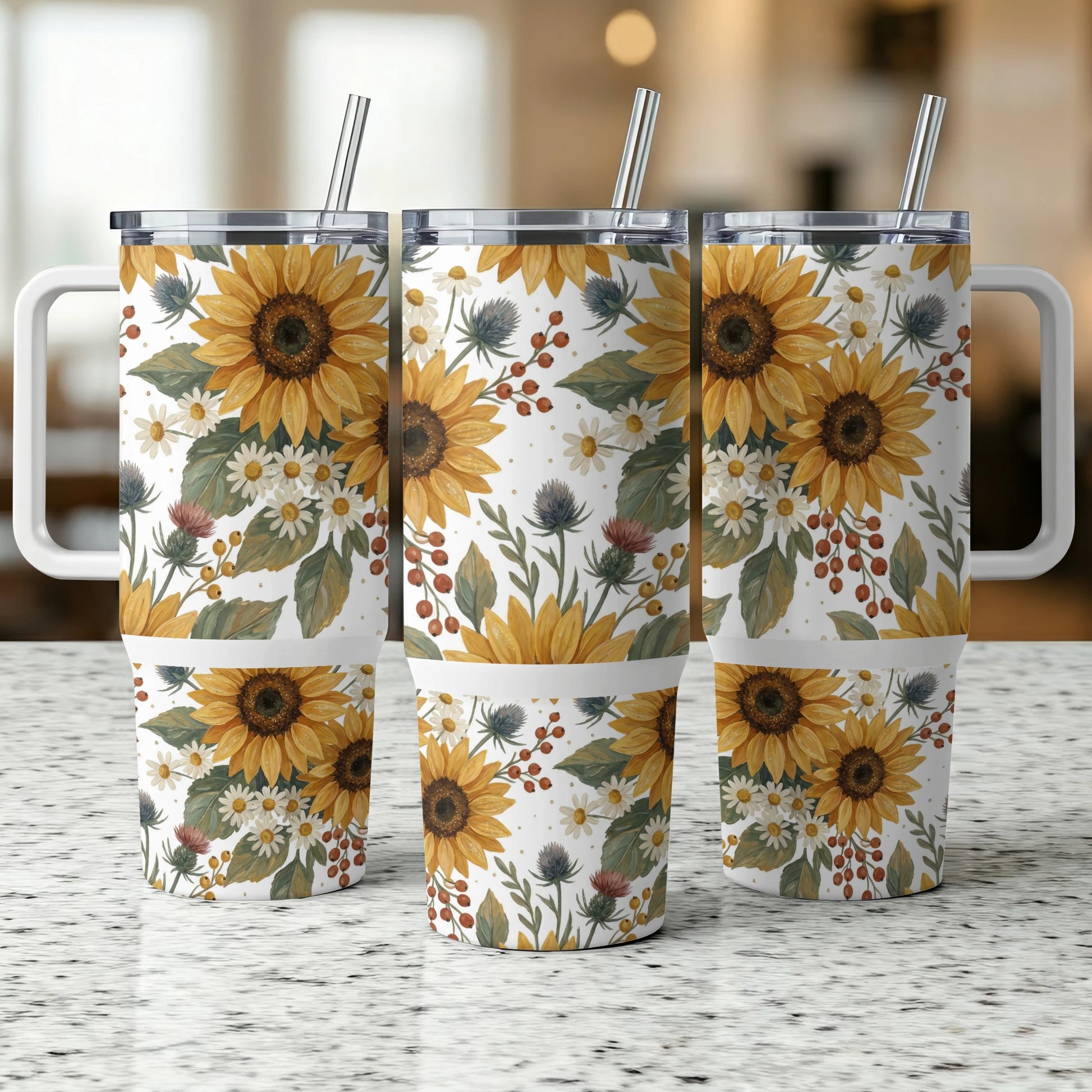 Three tumblers with sunflower and floral pattern and handles.