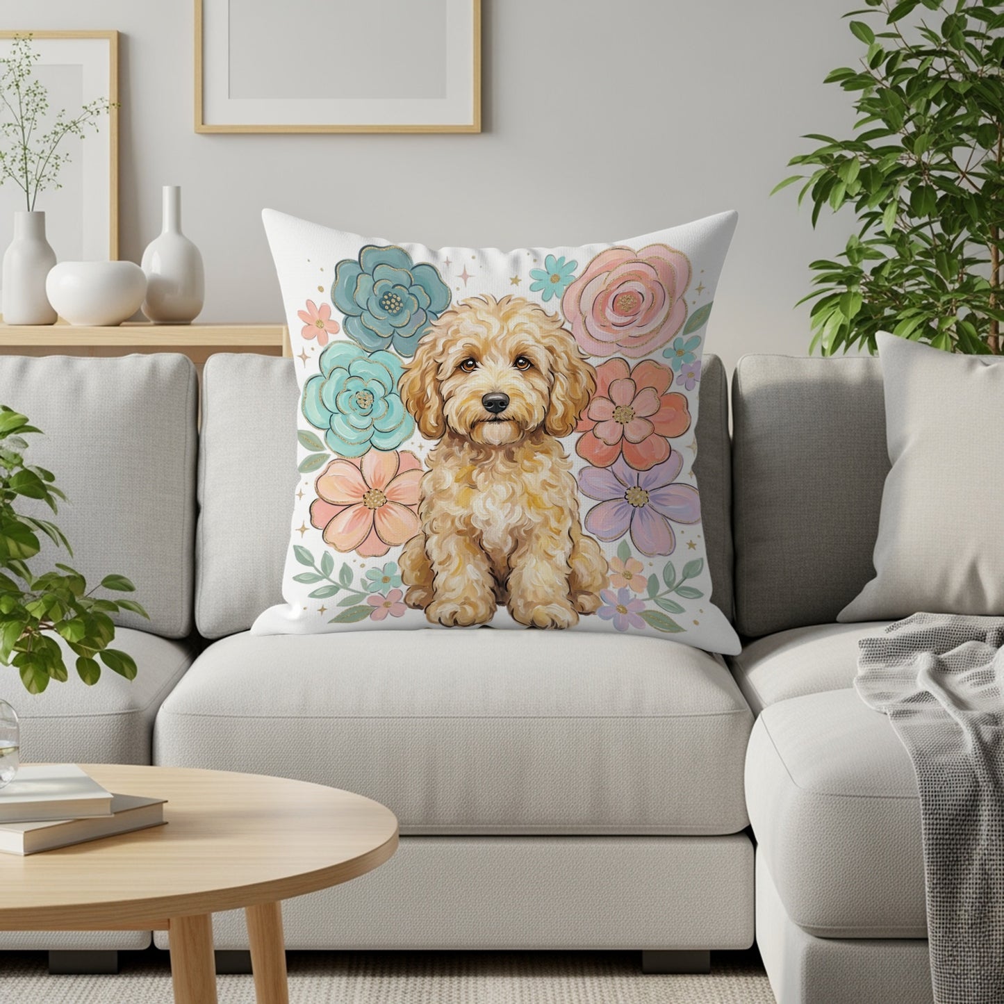 Fluffy goldendoodle puppy sits on a pillow with colorful flowers.