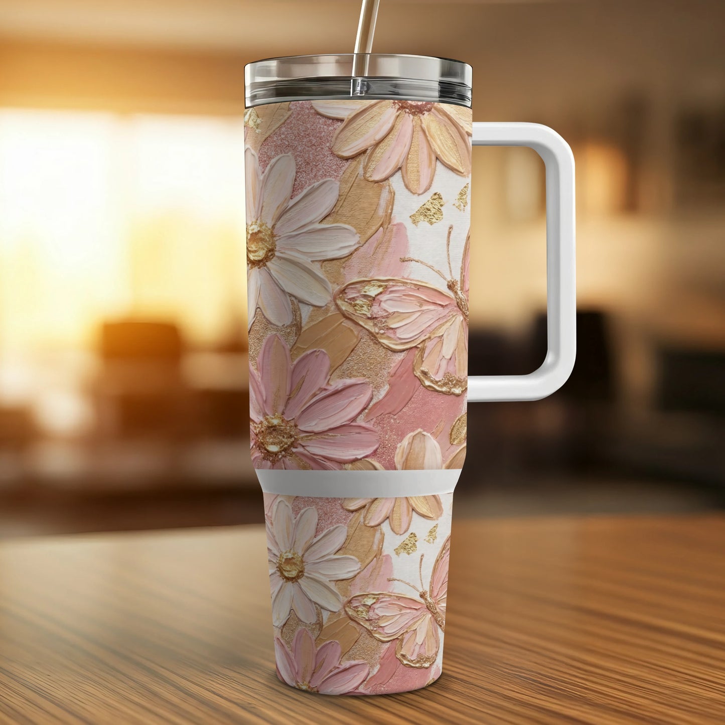 Pink and cream floral and butterfly textured tumbler with handle.
