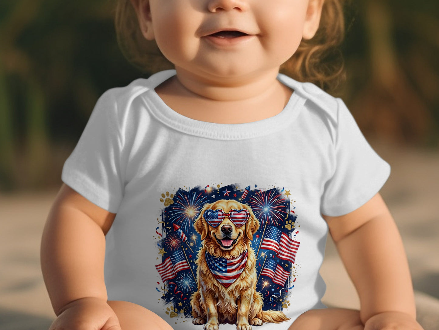 Baby wearing patriotic dog graphic onesie with fireworks.