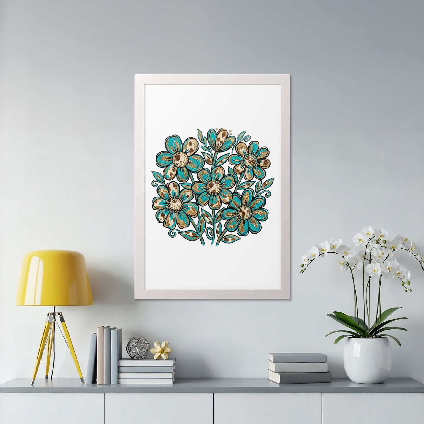 Framed artwork of a floral bouquet with teal and brown flowers.