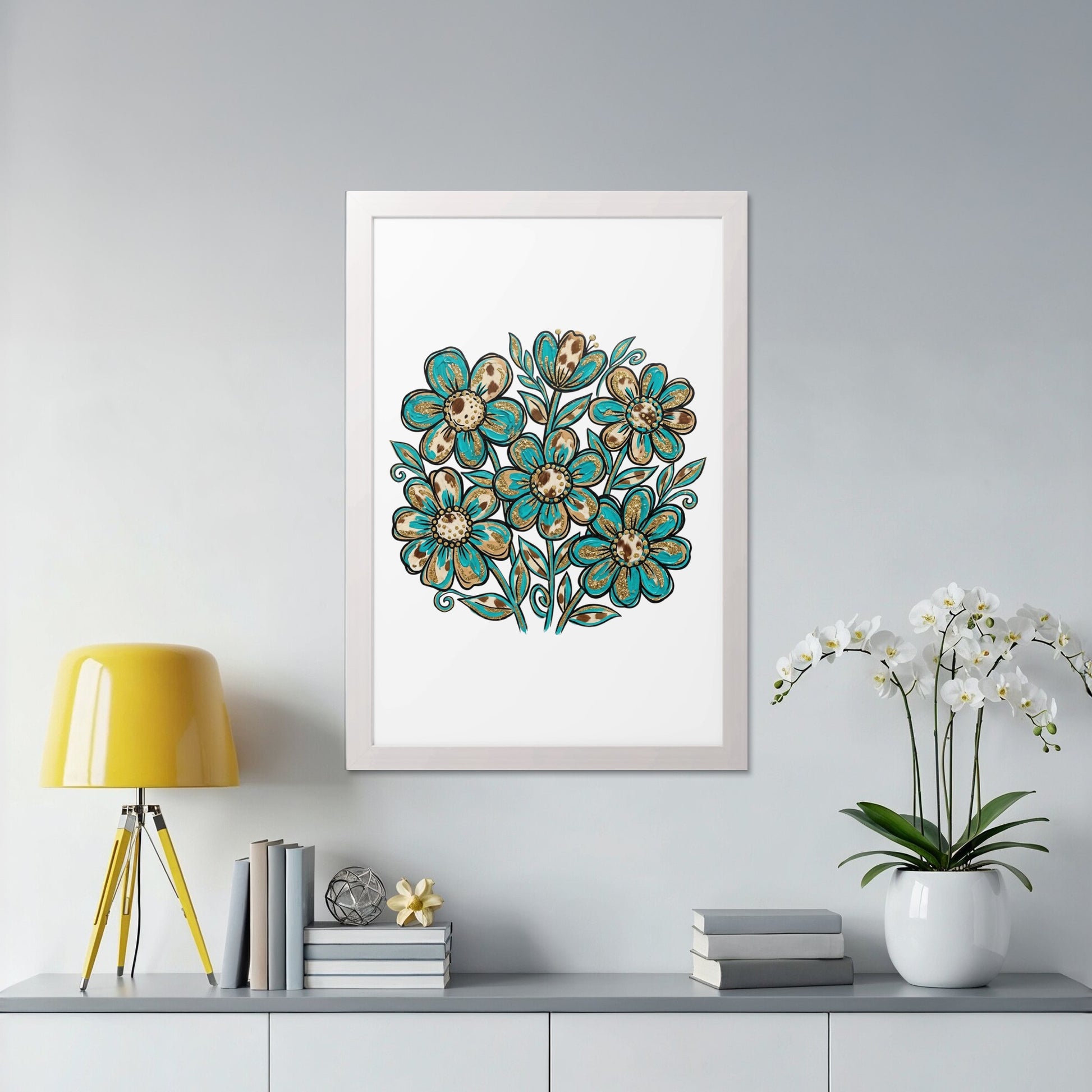 Framed artwork of a floral bouquet with teal and brown flowers.