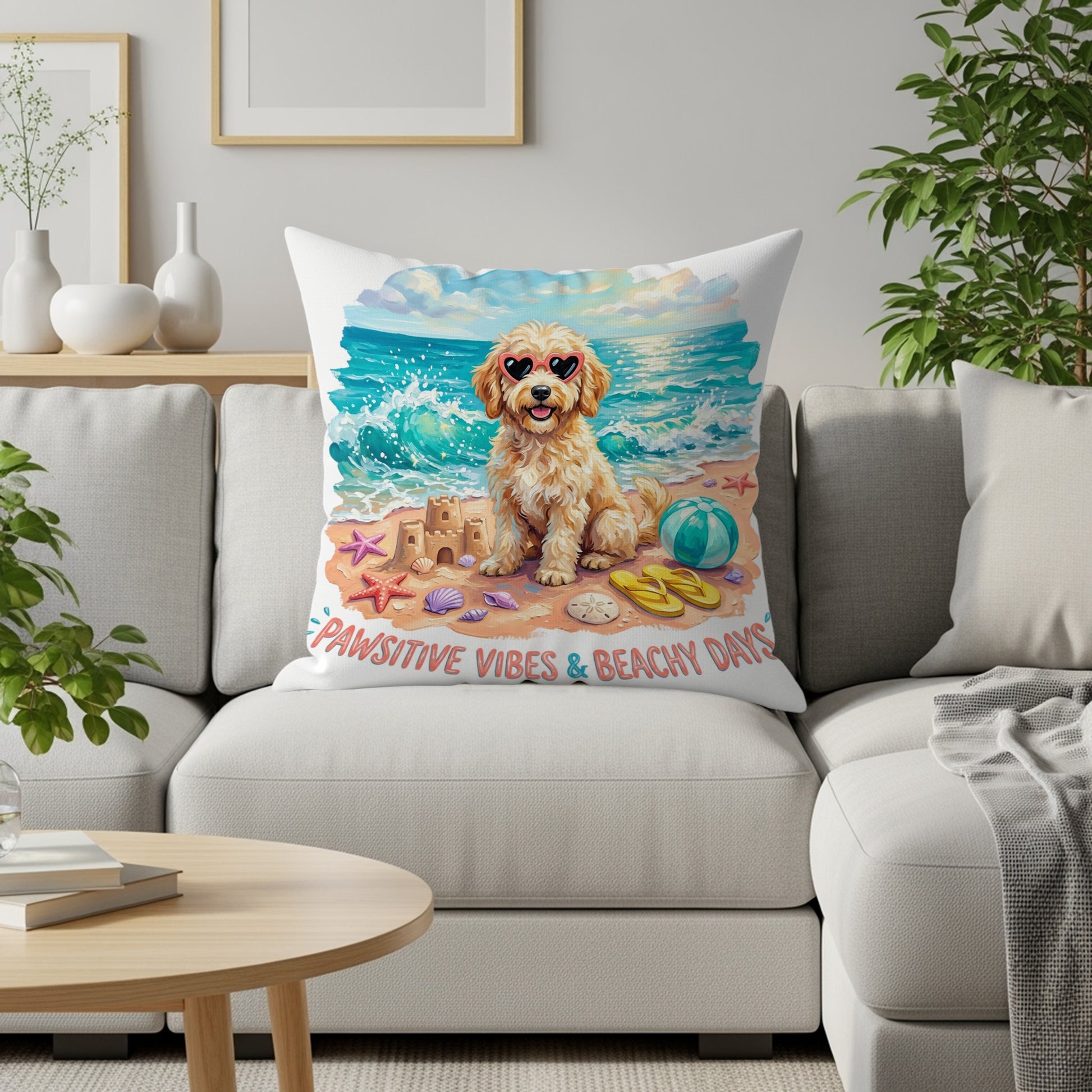 Golden retriever wearing heart-shaped sunglasses sits on a couch with a beach-themed pillow.