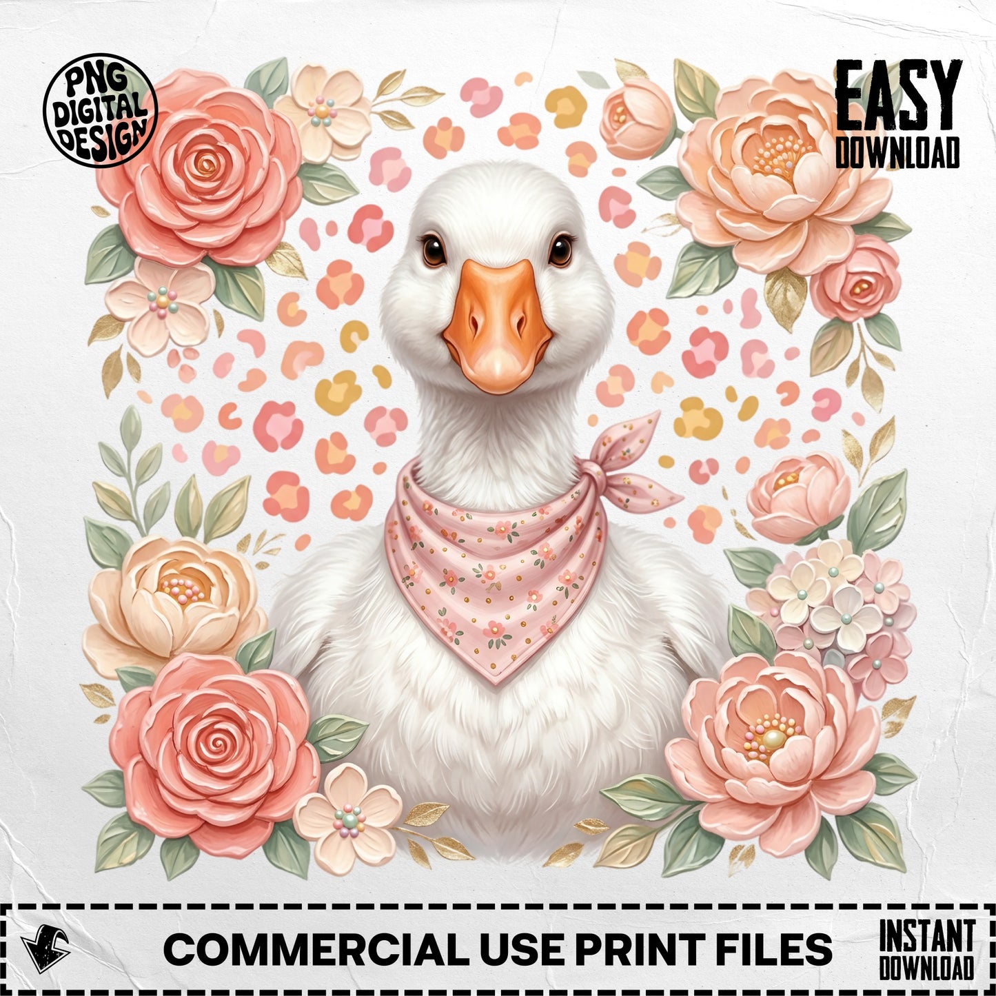 Cute duck in floral wreath with bandana, "Easy Download" text.