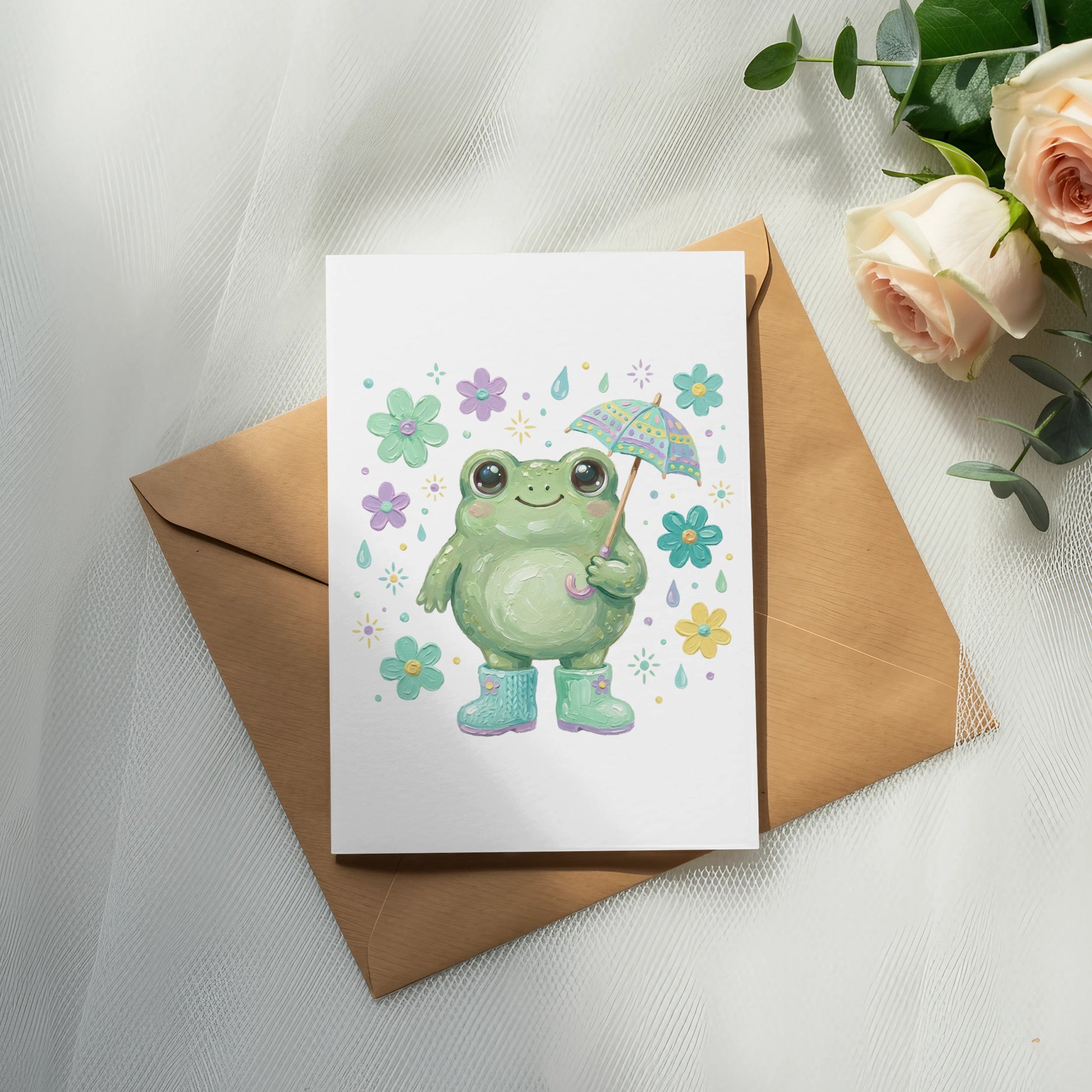 Illustration of a cheerful frog holding a colorful umbrella, wearing boots.
