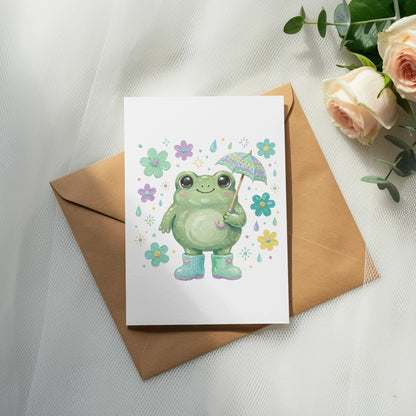 Illustration of a cheerful frog holding a colorful umbrella, wearing boots.