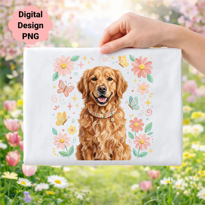 Golden retriever with butterflies and flowers, "Digital Design PNG" text.