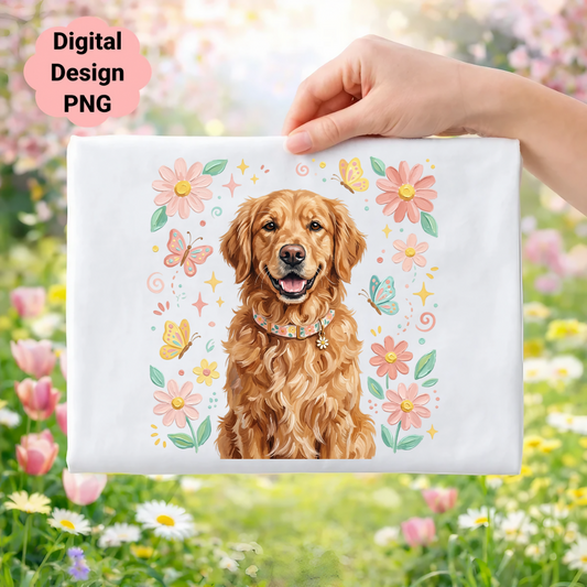 Golden retriever with butterflies and flowers, "Digital Design PNG" text.