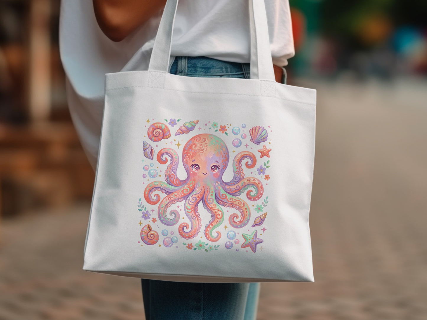 White tote bag with colorful octopus, shells, and starfish design.