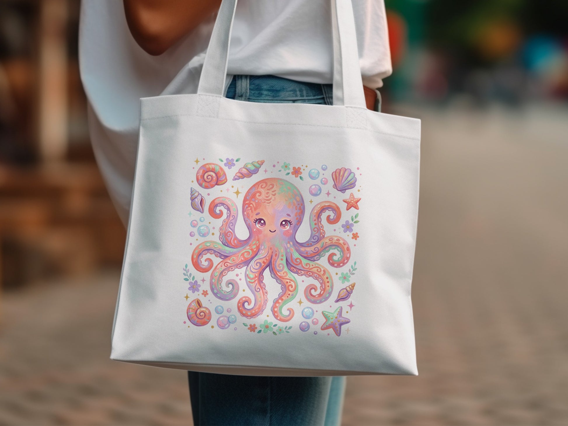 White tote bag with colorful octopus, shells, and starfish design.