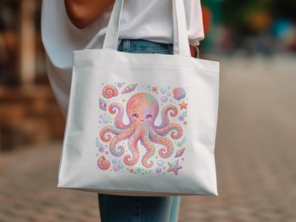 White tote bag with colorful octopus, shells, and starfish design.