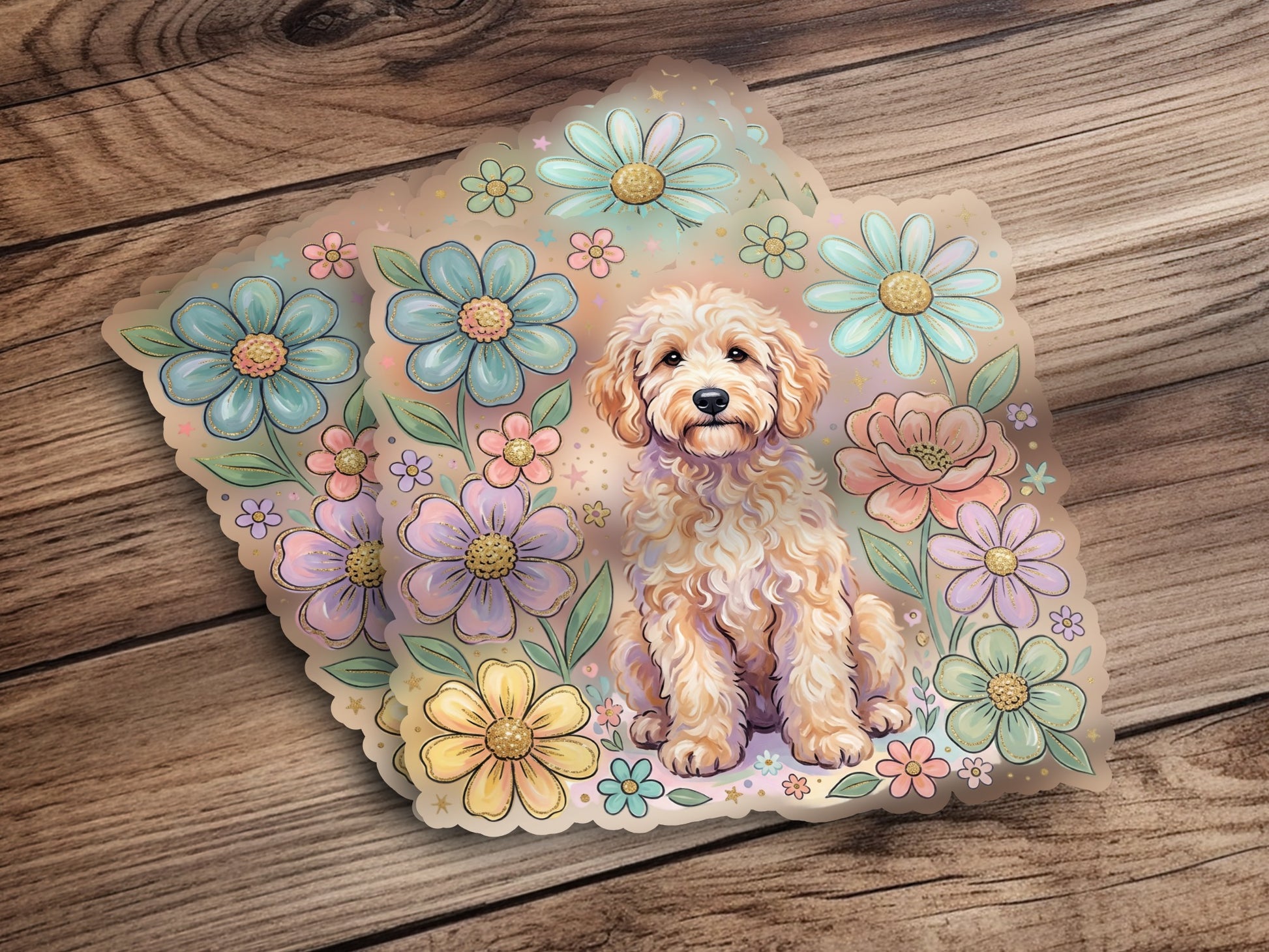 Golden doodle dog sits among pastel flowers on a wooden background.