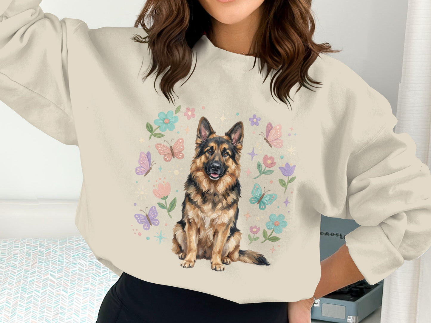Crewneck sweatshirt featuring a German Shepherd surrounded by colorful flowers and butterflies.