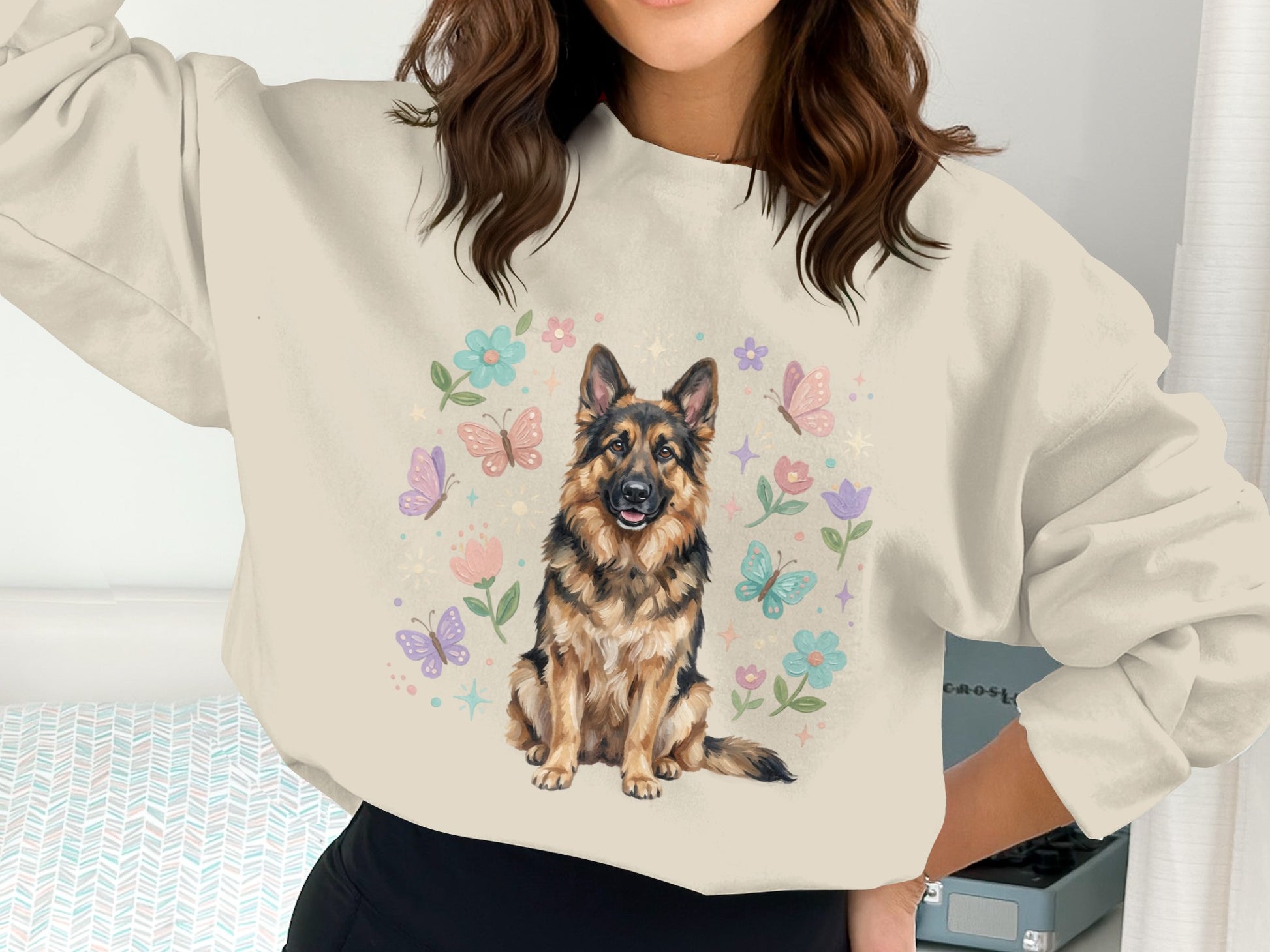 Crewneck sweatshirt featuring a German Shepherd surrounded by colorful flowers and butterflies.