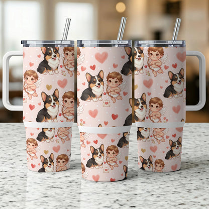 Three tumblers with corgis, cupids, and hearts pattern.