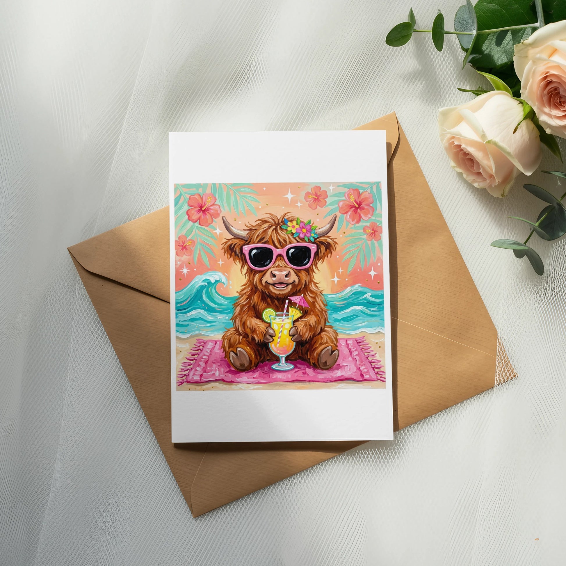 Highland cow in sunglasses holding a drink on a beach with flowers.