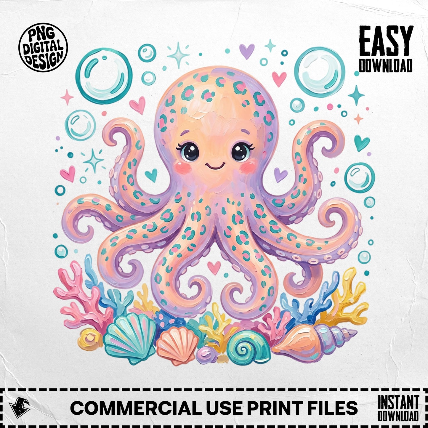 Cute cartoon octopus surrounded by seashells and coral with bubbles.