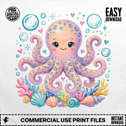 Cute cartoon octopus surrounded by seashells and coral with bubbles.