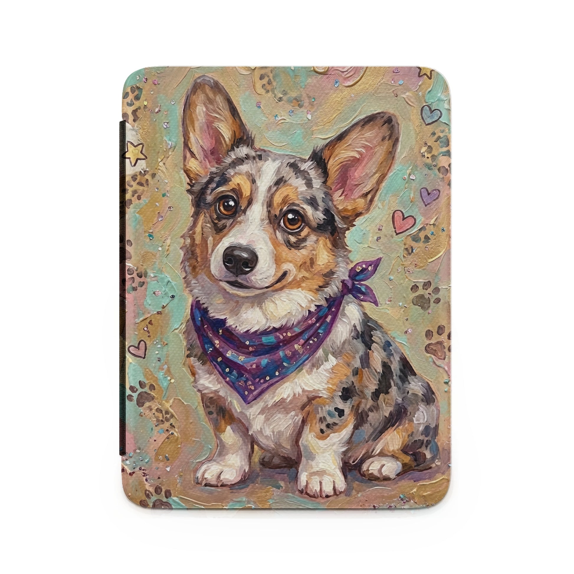 Corgi wearing a purple bandana, painted in a textured, artistic style.