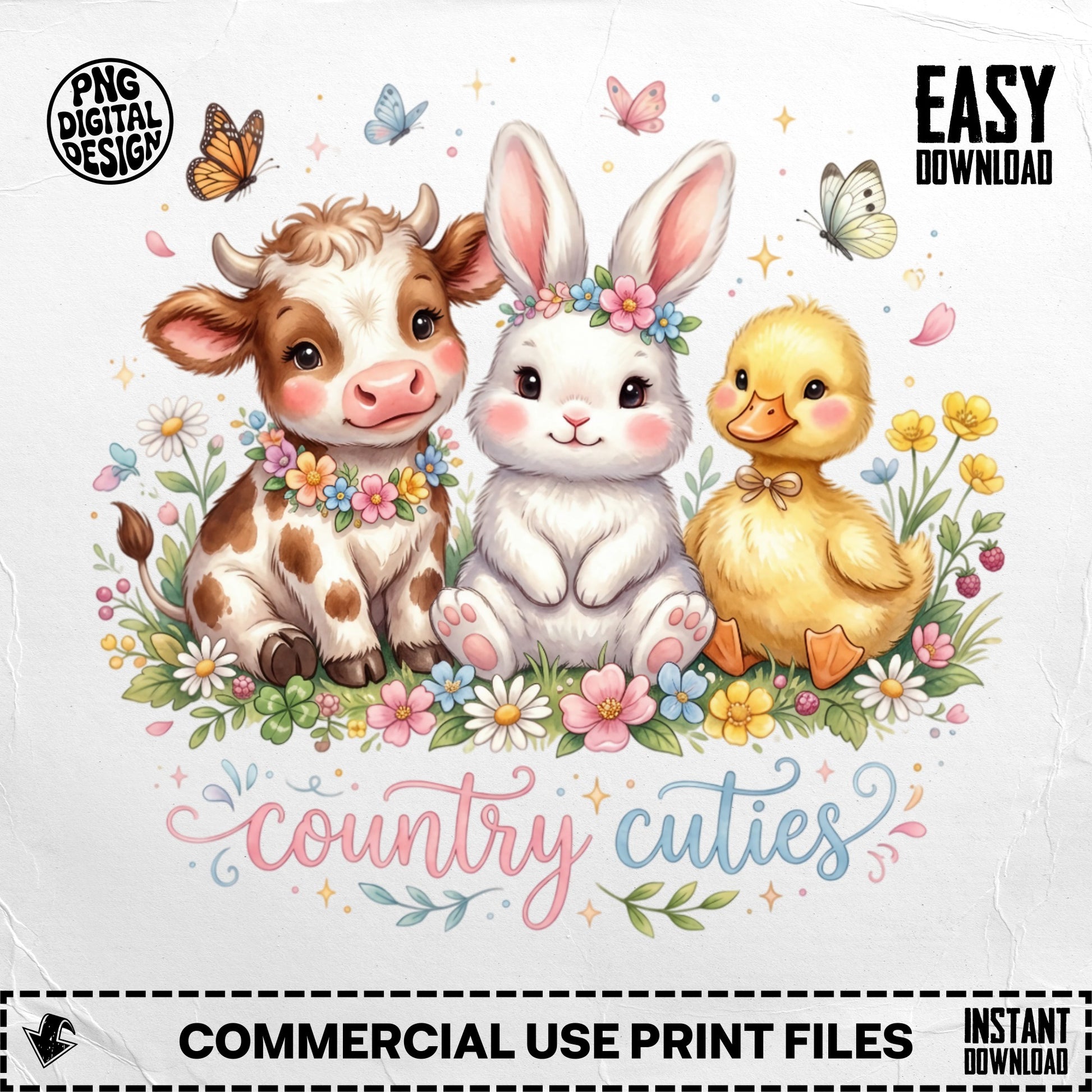 Cute cow, bunny, and duckling with "country cuties" text.