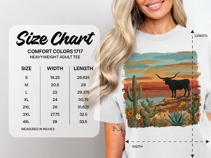 Comfort Colors 1717 heavyweight adult tee size chart with width and length measurements.