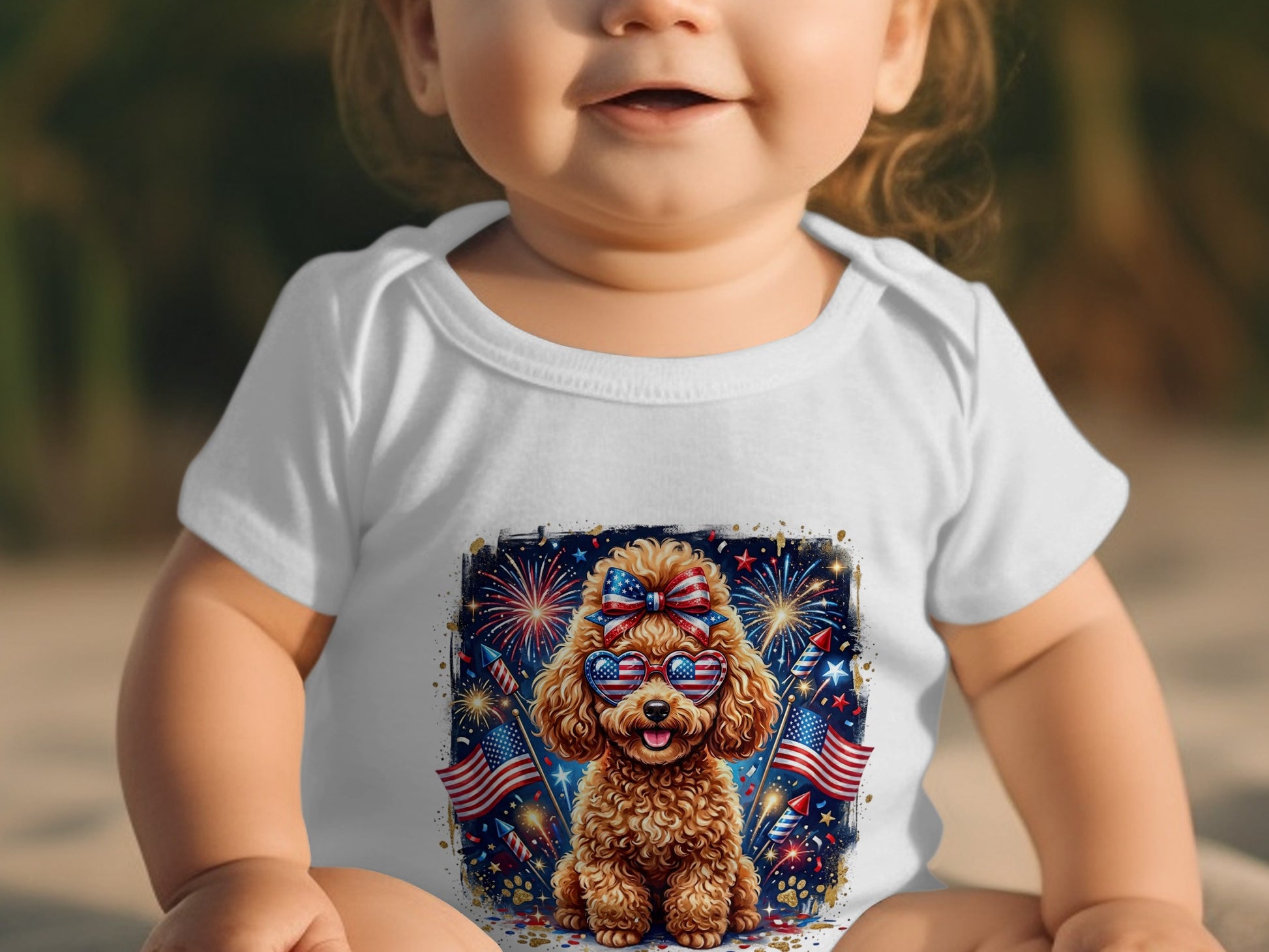Baby in white onesie with patriotic dog graphic and fireworks.