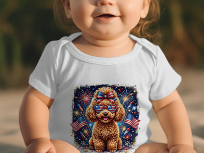 Baby in white onesie with patriotic dog graphic and fireworks.